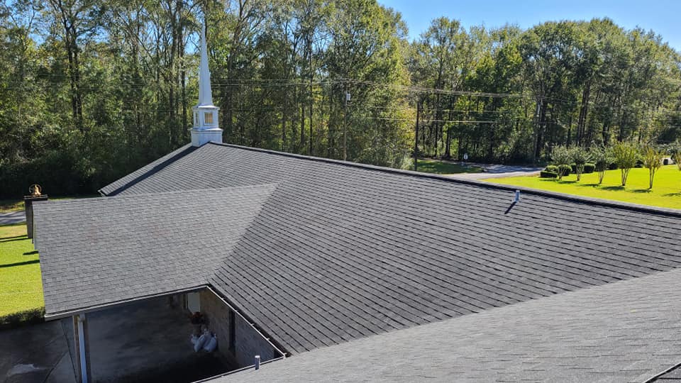 grey shingle roof on church