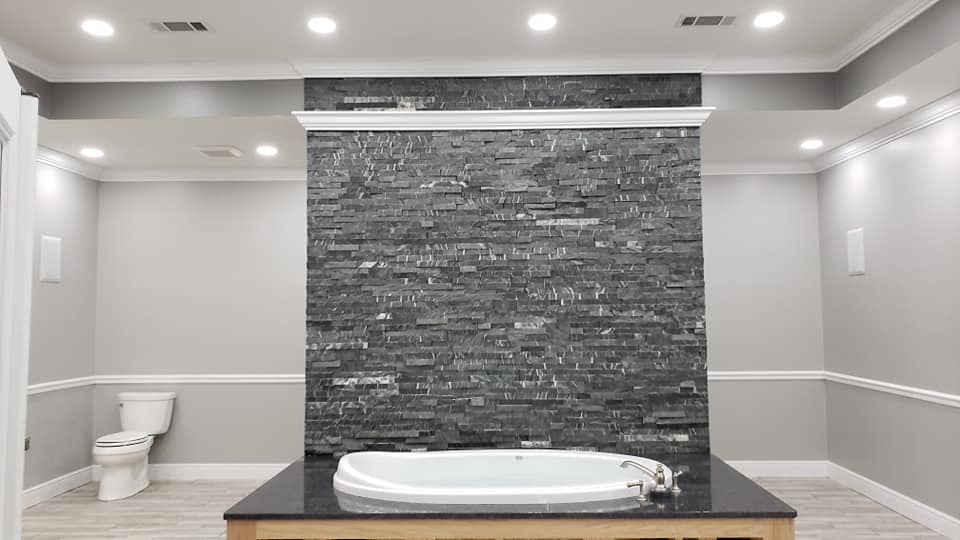 slate tile shower and bathtub